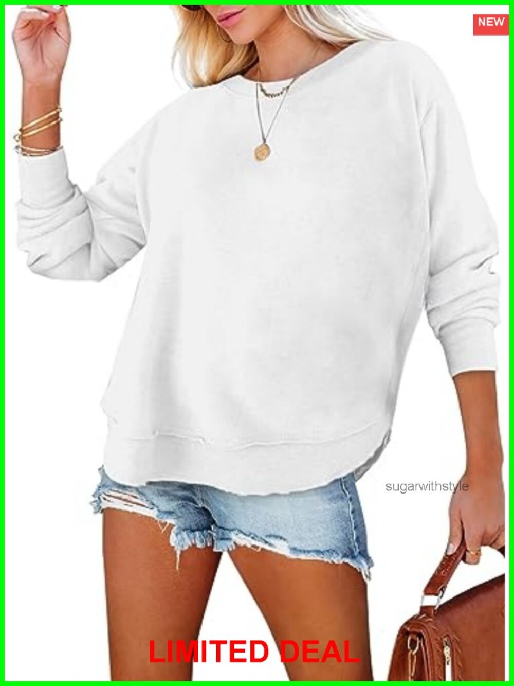 Oversized Crewneck Sweatshirt Side Split Curved Hem Tunic Pullover